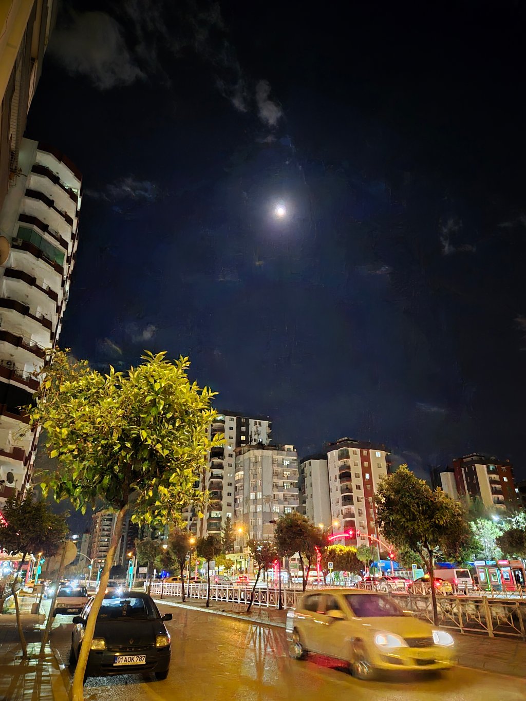 Gece manzarasında ay ışığı altında bir cadde, binalar ve park edilmiş araçlar ile birlikte ağaçlar görünüyor.