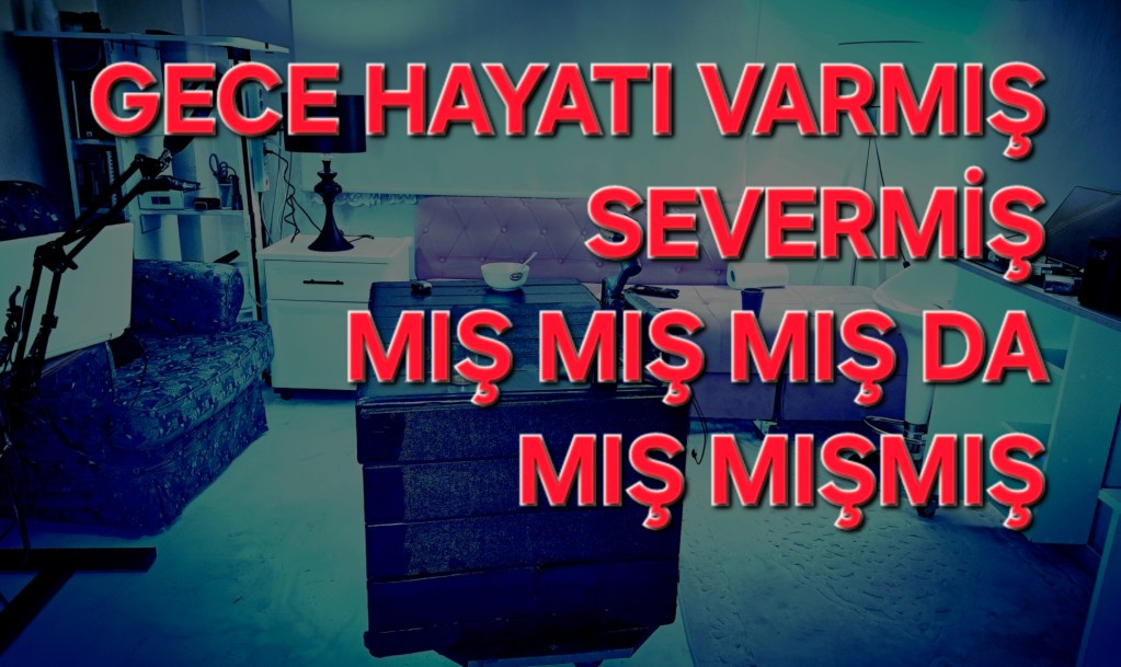 Bir oturma alanı ve masanın yer aldığı, üzerinde 'Gece hayatı varmış severmiş' yazılı büyük harflerle süslenmiş bir iç mekan görüntüsü.