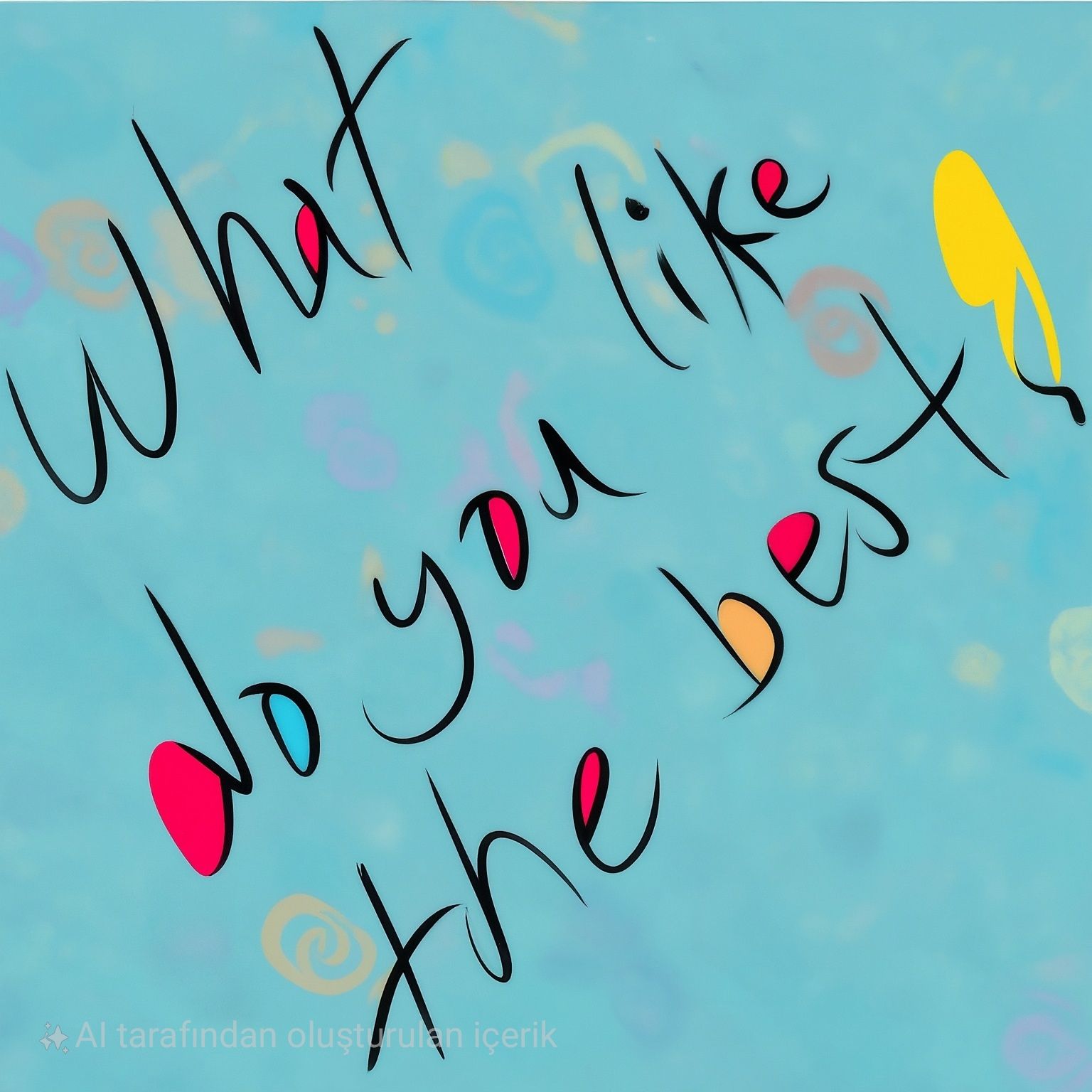 A colorful digital illustration featuring the phrase 'What do you like the best?' in artistic handwriting against a blue background with abstract shapes and colors.