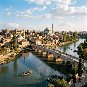 Stone arch bridge over river with boats and Ottoman-style buildings