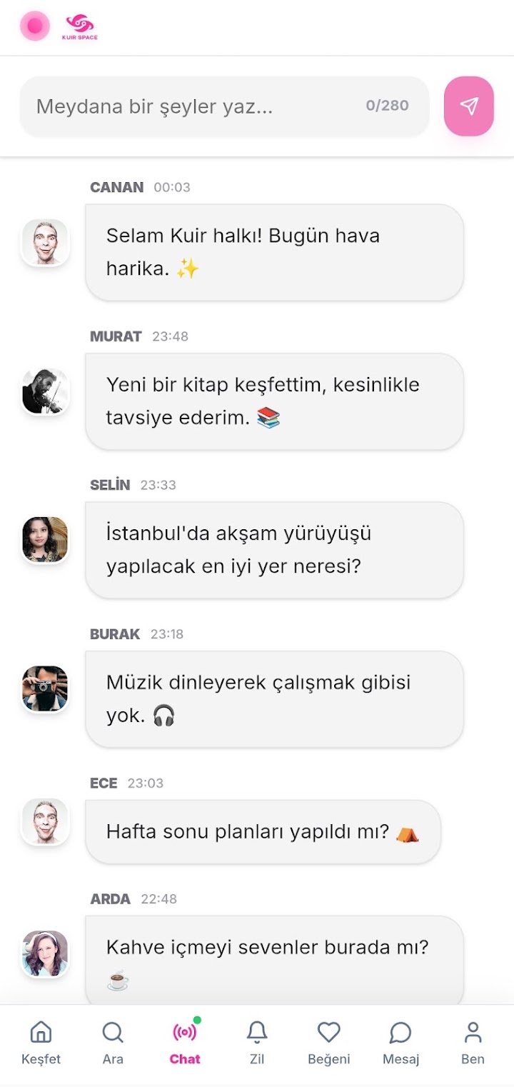KuirSpace uygulaması ekran görüntüsü: kuirspace-sohbet-odasi